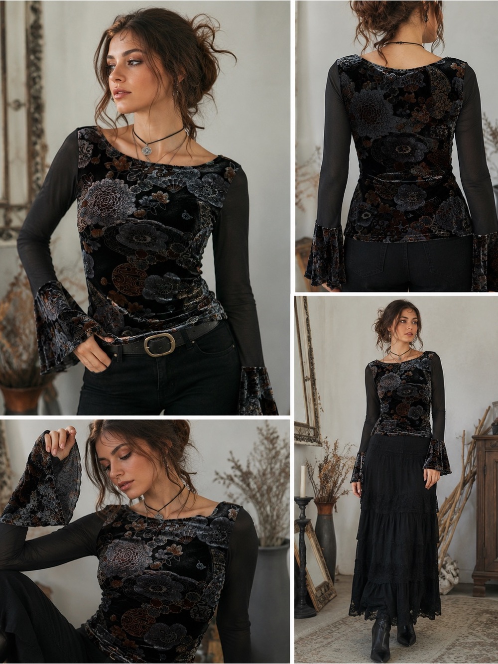 Vintage Worthington Burnout Velvet Bell Sleeve Whimsigoth Top L